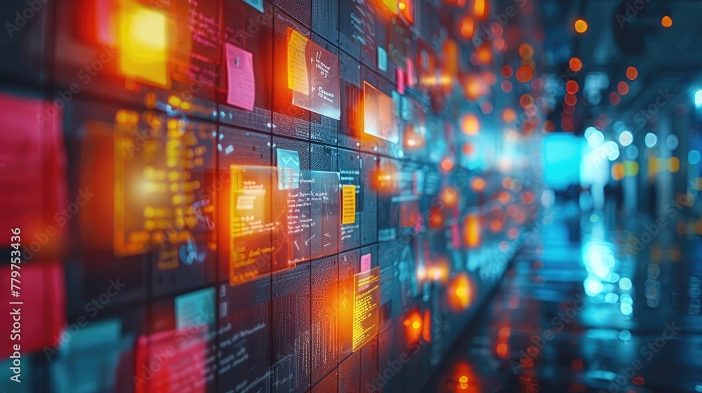 Aufkleber a modern server room corridor with vibrant, glowing data panels displaying various charts and code, 
