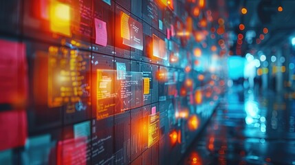 A modern server room corridor with vibrant, glowing data panels displaying various charts and code, reflecting a high-speed data network.