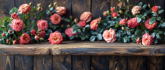 This is an image of a bouquet of roses on a wooden table isolated on a white background with a place for a photo, text, or decoration. There is a floral garland. Copy space is provided.