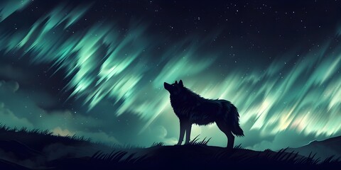 A Lone Wolf s Silhouette Under the Mesmerizing Northern Lights a Magical Union of Wildlife and Natural Wonders - obrazy, fototapety, plakaty