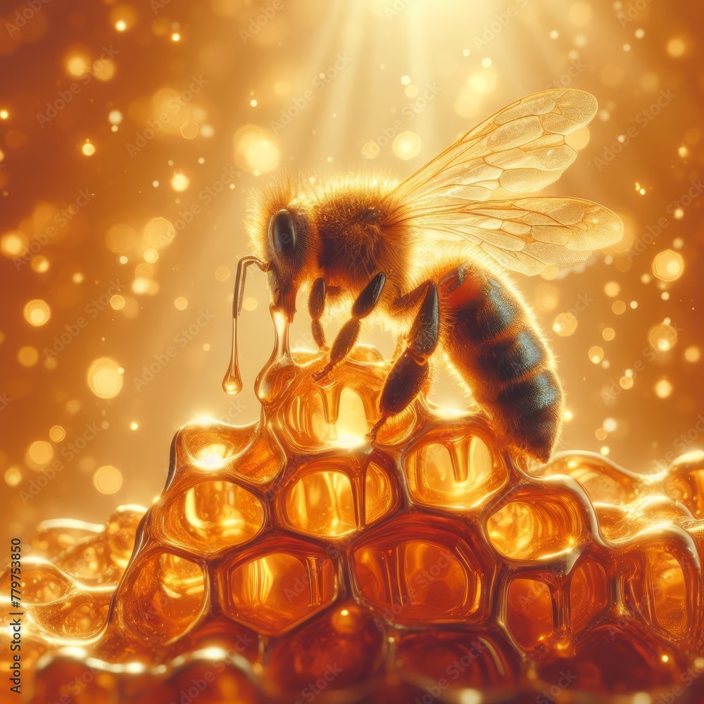 Poster an ethereal image of a honeybee delicately balancing on a glowing honeycomb, with golden droplets an