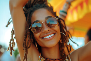 Very pretty African-American woman with sunglasses smiling during a concert on the beach.