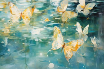 Glass butterflies reflected in a shimmering pool of water, creating mesmerizing patterns and distortions