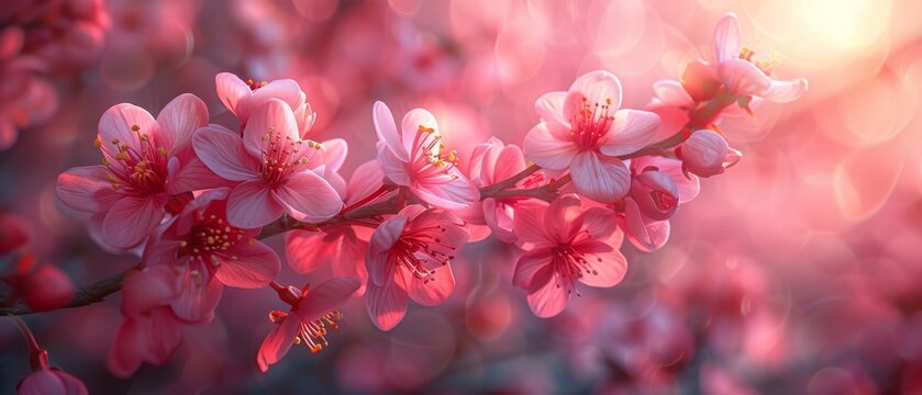 An image of blossoming pink sakura flowers on a spring floral background