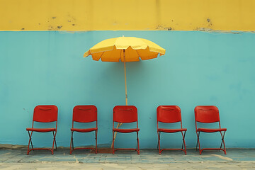 set of antique chairs in a row with umbrella on top in front of a weathered wall with contrasting colors