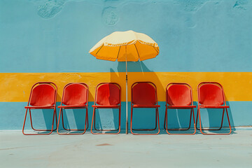 set of antique chairs in a row with umbrella on top in front of a weathered wall with contrasting colors