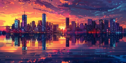 Glowing Twilight Cityscape with Vibrant Reflections and Illuminated Skyscrapers