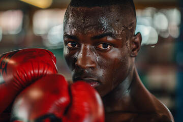Close-up of a black boxer showing his red boxing gloves. 
