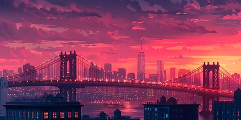 Iconic bridge of a vibrant city bathed in stunning sunset hues a breathtaking symbol of connection and engineering - obrazy, fototapety, plakaty