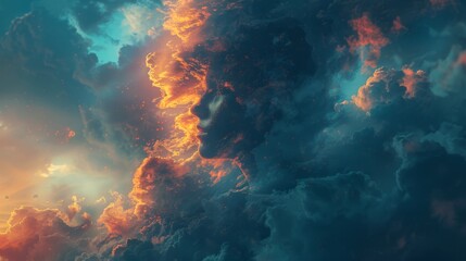 Abstract musings: Surreal background illustration of a head obscured by abstract cloud formations, inviting viewers to explore the depths of the subconscious mind.