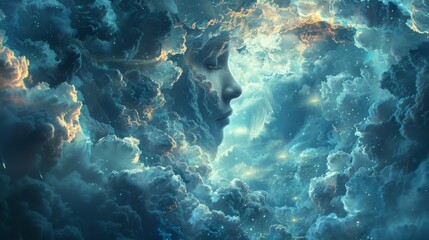 Celestial reverie: Surreal concept art featuring a head surrounded by a halo of clouds, suggesting a connection between earthly thoughts and cosmic realms. - obrazy, fototapety, plakaty
