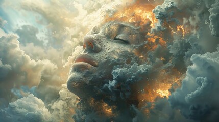Abstract skyward vision: Surrealist depiction of a head rising into the sky, merging with clouds to represent the boundless nature of human imagination.