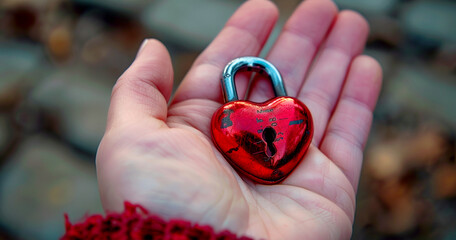 Hand holding a heart-shaped lock. - 779754207