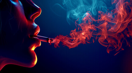 A man is smoking and smoke is escaping from his mouth. It is World No Smoking Day today. - 779754267