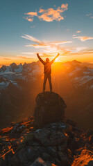 man on his back with his arms raised in victory for reaching the top of the mountain with the sunset in the background