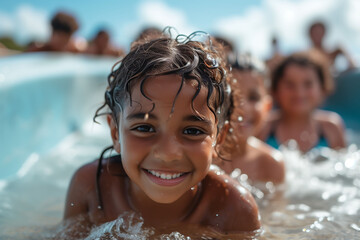 Children playing, enjoying and smiling at the sea and the beach during their summer vacation.