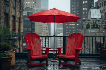 chairs and umbrella on the top floor terrace in an urban setting.