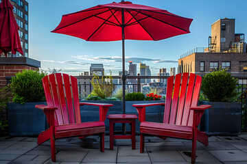 chairs and umbrella on the top floor terrace in an urban setting.