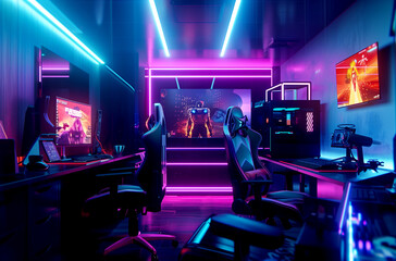 A modern gaming room with neon lighting. - 779754431