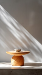 table with wooden or ceramic vase in a soft light and minimalist environment