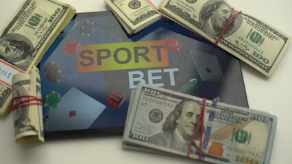 tablet pc with app for sport bets, on top of stacks of banknotes, white background, concept of online bets 3d render