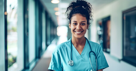 A smiling doctor or nurse, wearing a stethoscope, stands in the hospital corridor, looking into the camera.
- 779754472