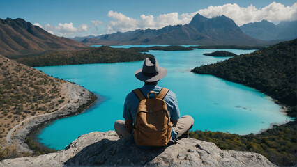 Alone with Nature: Backpacker Absorbing Majestic View from a Cliff - obrazy, fototapety, plakaty