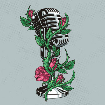 Microphone with flowers label colorful