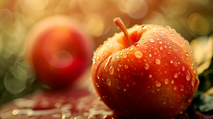 A juicy red apple, with water droplets glistening on its surface, sits next to a peach.
- 779754607