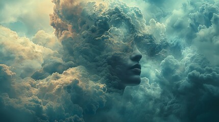 Infinite possibilities: Surreal artwork featuring a head disappearing into an endless expanse of clouds, symbolizing the vast potential of creative thought.