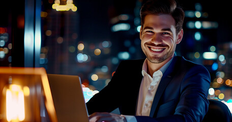 A smiling businessman is working on a laptop, with the evening city skyline outside the window as a backdrop.
- 779754668