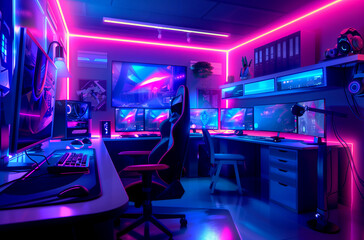 A modern gaming room with neon lighting. - 779754687