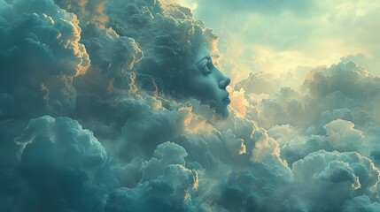 Infinite possibilities: Surreal artwork featuring a head disappearing into an endless expanse of clouds, symbolizing the vast potential of creative thought. - obrazy, fototapety, plakaty