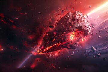 Red asteroid flying in space broken into piecesand