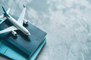 Toy airplane on top of a passport and flight booking ticket - obrazy, fototapety, plakaty