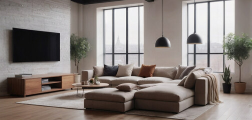 Minimalist modern living room interior background, living room mock up in scandinavian style