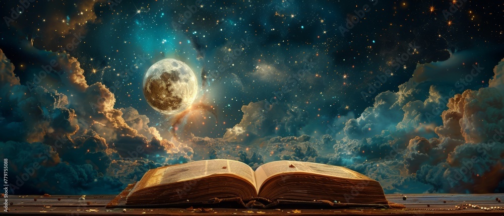 Poster my camera captured the moon and opened a fairytale book in shabby chic style against a background of