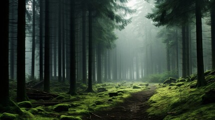 A foggy and serene landscape of a quiet forest with tall trees and a soft light