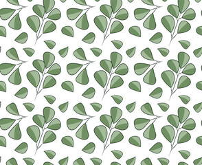Leaves of an unusual shape of green color on the branch and separately from it. Natural seamless pattern in vector. Suitable for backgrounds and fabric prints