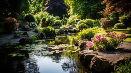 Fototapeta premium A beautiful pond in a garden with various flowers and foliage