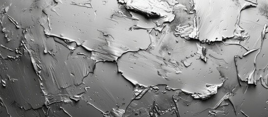 A monochrome blackandwhite photo capturing the texture of a gray surface, resembling a geological phenomenon. The liquid on the surface appears to be freezing, creating a striking monochrome event - obrazy, fototapety, plakaty