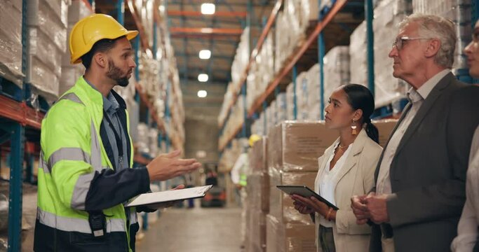 Industrial, business team and factory with management, investors and manufacturing planning in a warehouse. Distribution, inspection and leader working with talk and inventory conversation with staff