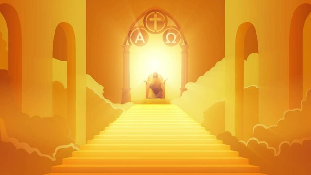 Divine majesty with motion graphic series depicting Jesus seated on the heavenly throne, with the symbols of Alpha and Omega, representing the beginning and the end