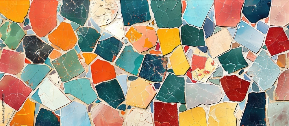 Poster a close up of a vibrant mosaic wall showcasing intricate patterns and colorful circles. this art pie