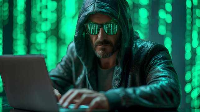 Man in sunglasses using laptop with green code matrix background. Cybersecurity and digital data concept. Hacker and programming theme with dark ambiance. Portrait with technology backdrop