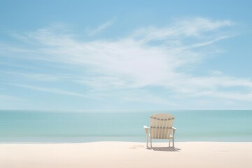 Fototapeta na wymiar A serene beach scene in minimalist style, featuring a solitary beach chair positioned on the smooth sand. The chair faces the calm ocean, with soft waves gently lapping the shore.