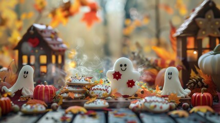 Traditional holiday scene with a twist, showcasing funny Dracula and ghost cookies among colorful autumn decorations - obrazy, fototapety, plakaty