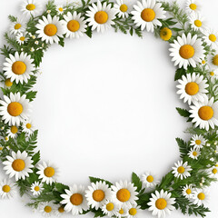 A circular frame of white daisy flowers with a clear white background, perfect for invitations or card designs. Minimal concept of nature. Floral pattern. Flat lay. Copy paste. 