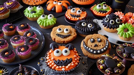 Frightfully funny Halloween dessert array, featuring cookie monsters, witch's digits, and eye-popping treats - obrazy, fototapety, plakaty