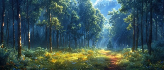 Imaginary summer pine forest with a mysterious trail - obrazy, fototapety, plakaty
